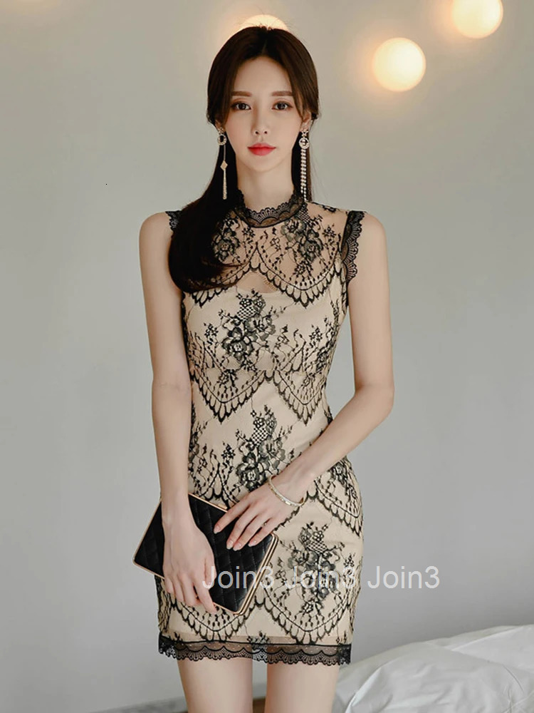 New Arrival Fashion Lace Dress Women Elegant Summer Sexy Perspective Sleeveless Party Temperament Black Simple Mini Dress