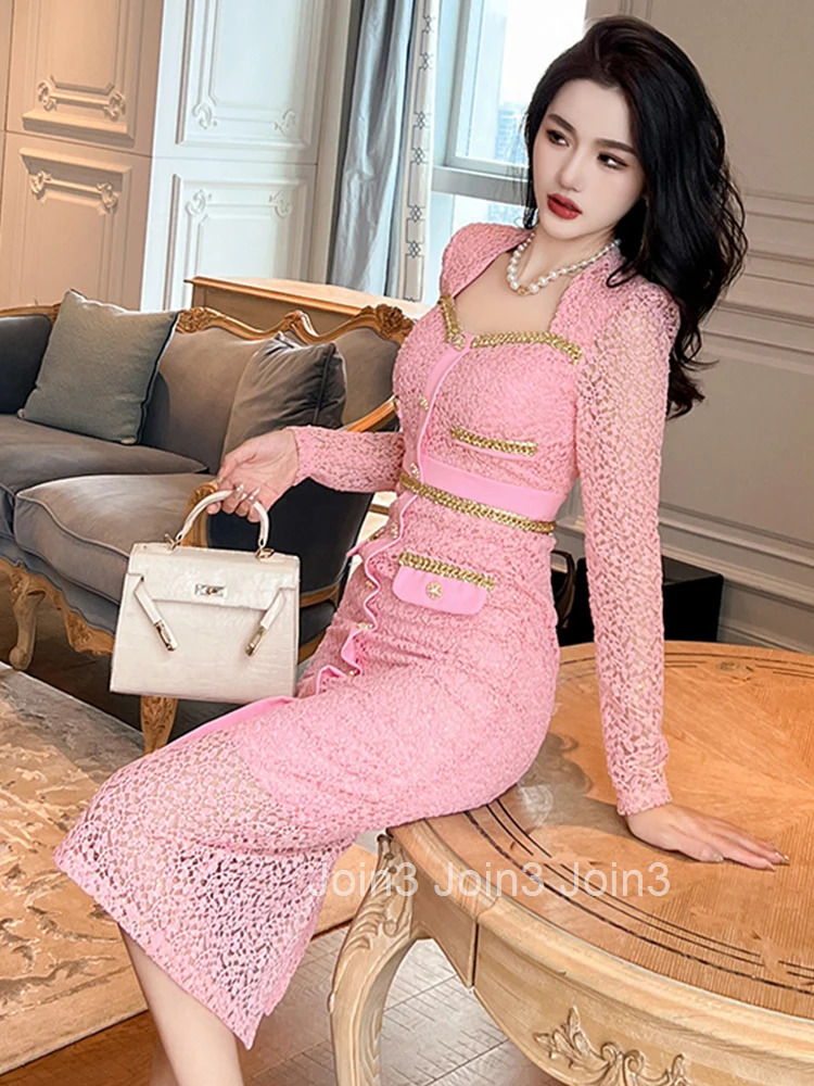 New Fashion Lace Pink Golden Shiny Silk Dresses For Women Mujer Ladies Elegant Luxury Sweet Square Collar Slim Dress Robe Femme