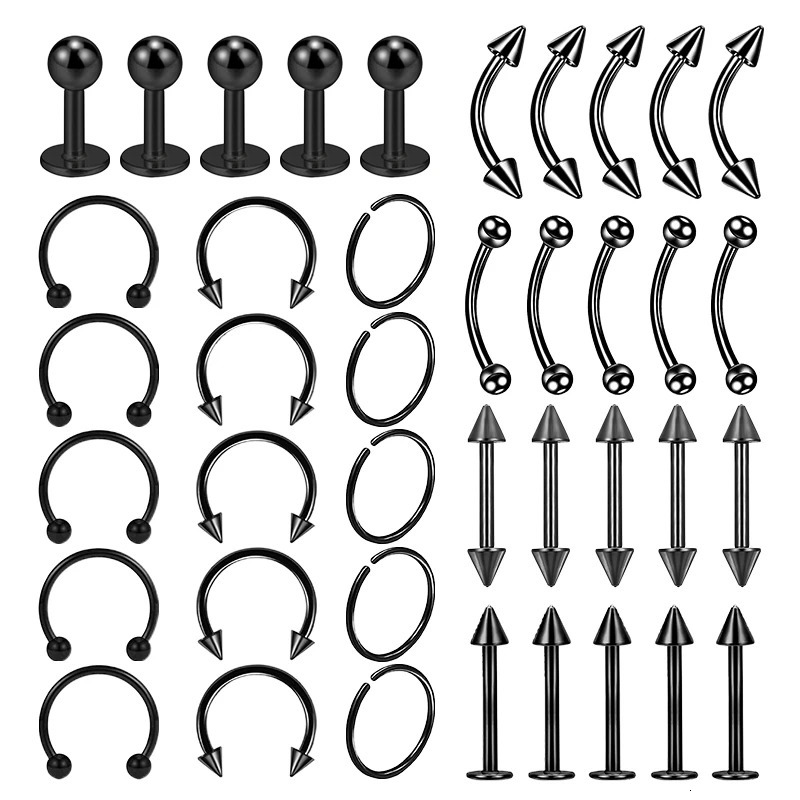40PCS Steel Body Piercing Jewelry Lot Bulk Nose Ring Tongue Bar Eyebrow Labret Set Horseshoe Pack 250613