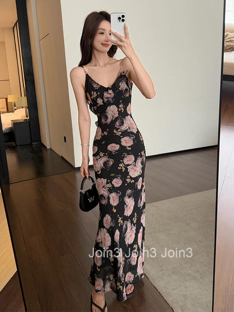 Women Vacation Clothes Sweet Chiffon Floral Print Sexy Sling Slim Maxi Long Dress Elegant Fashion Party Prom Vestido Robe Summer