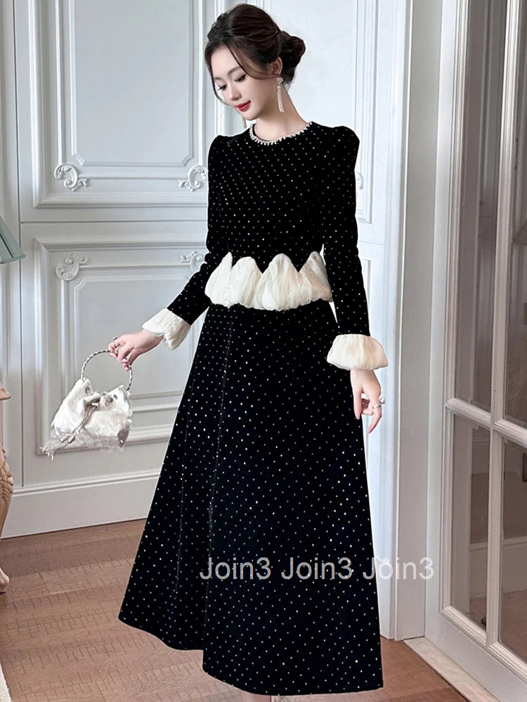 Women Clothes Fake 2-Piece Elegant Luxury Diamonds Black Velvet O-Neck Slim Midi A-Line Dress Fashion Party Prom Vestidos Robe