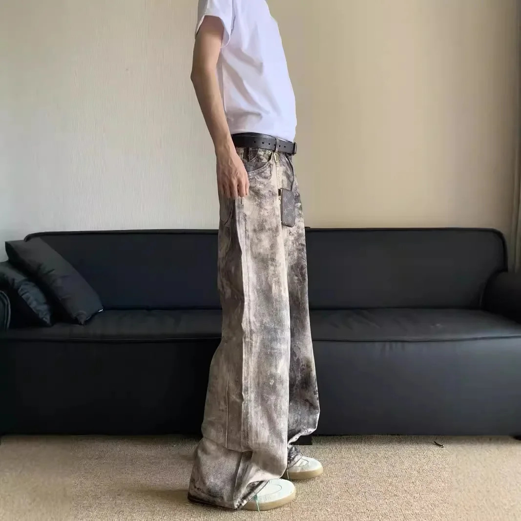 Casual Style White Coke American Style 3D Digital Camouflage Printing Distressed Low Waist Wide Leg Denim Trousers For Men And Women 250617