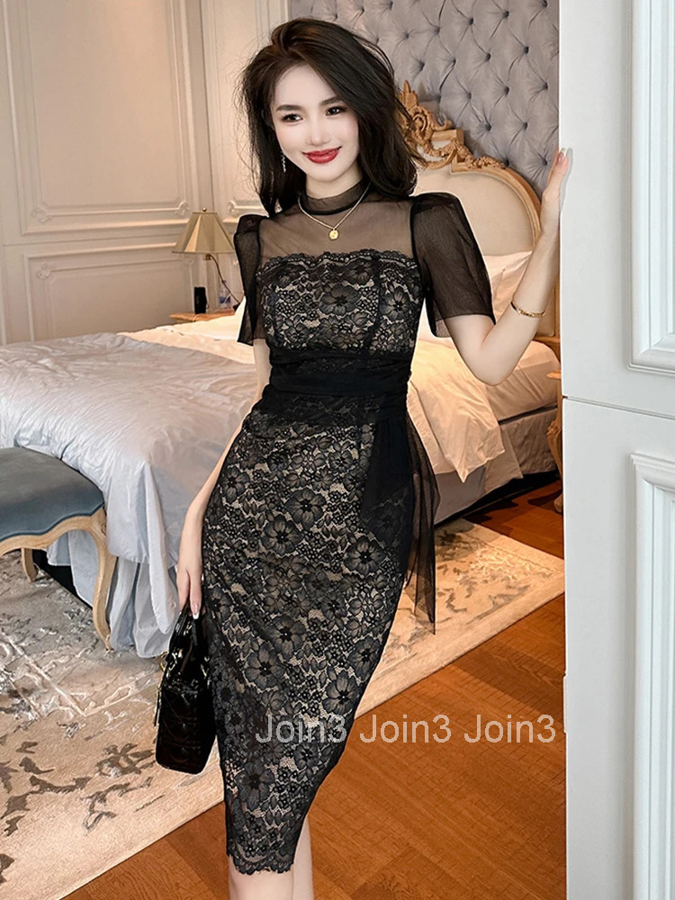 Fashion Summer Black Pencil Dress For Women Elegant Chic Lace Short Sleeve Wrap Hip Slim Midi Party Prom Mujer Vestidos Clothing