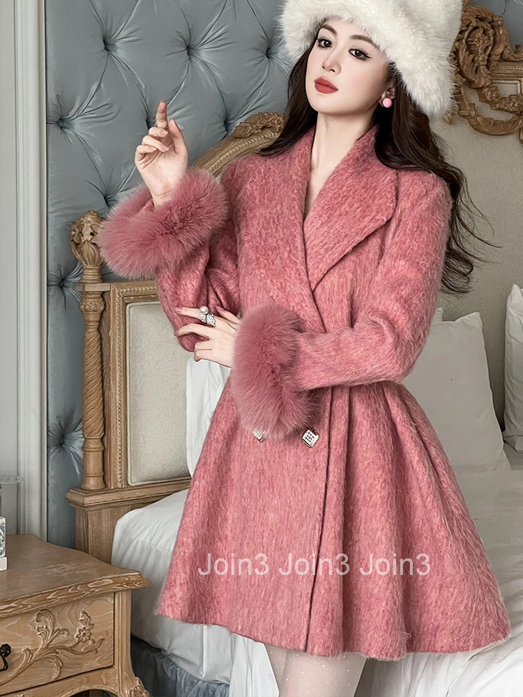 Women Clothes Sweet Pink Wool Double-Breasted Jacket Elegant Hairy Long Sleeve Slim A-Line Coat Outerwear Autumn Winter Casual