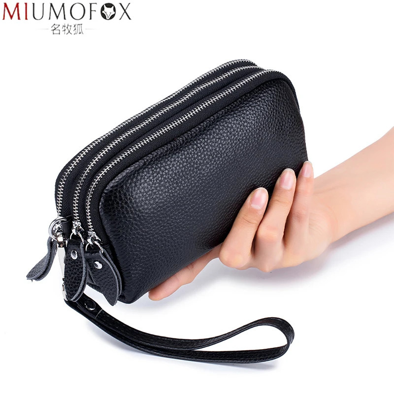 Genuine Leather Women Long Wallet 3-Layer Zipper Clutch Purse Bag Large Capacity Wristlet Wallet Phone Bag Money Pocket 250617