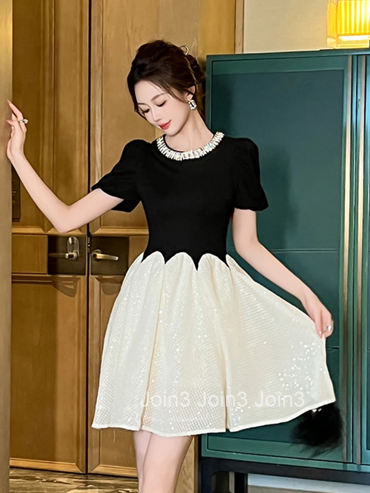 New Summer Elegant Luxury Diamonds O-Neck Gown Evening Dress Women Clothes Retro Puff Sleeve Slim A-Line Party Club Prom Vestido