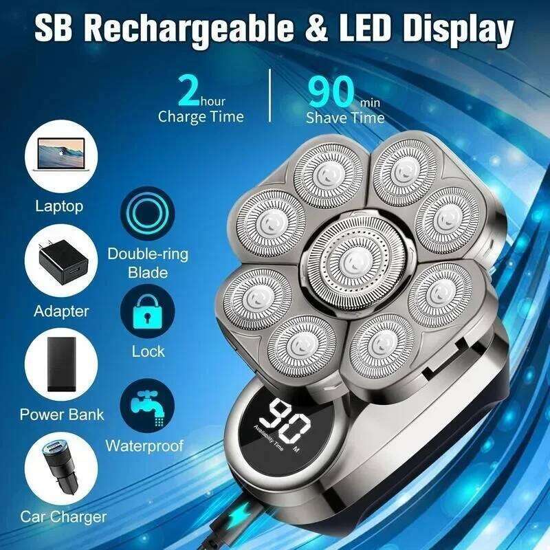 Detachable Razor.6 In 1.Smoother Shaving.Suitable For Bald Men.Wet And Dry 9D Rotary Shaver Grooming Set.Type-C Charger (A)