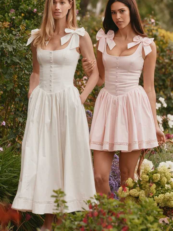 Womens Long Dress Elegant Lace Up Bow Square Collar Sleeveless Draped A-line Dresses Female 2025 Summer Lady Party Club Robes XJ250621