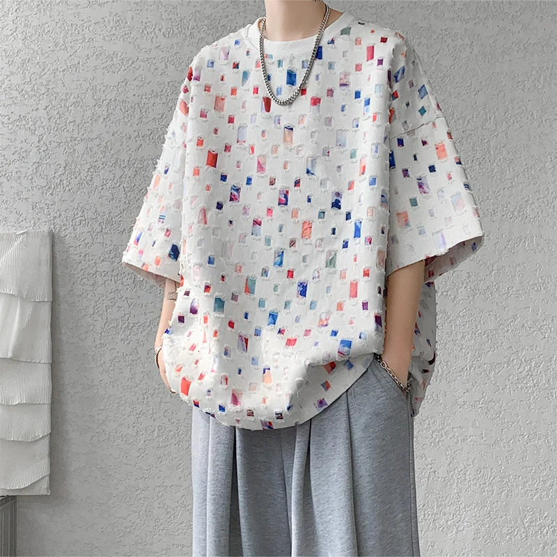 Summer Short Sleeved T-shirt Men Fashion Oversized Plaid T Shirt Men Streetwear Hip Hop Loose Hollow Out T-shirt Mens Large Size 250616