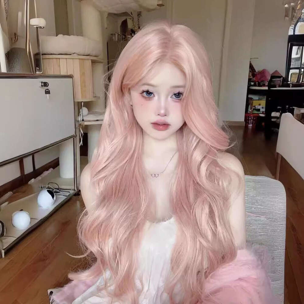 Rose Pink Hair For Women, Middle Part, Bangs, Big Waves, Long Curly Hair, Internet Celebrity Lolita Full Wig