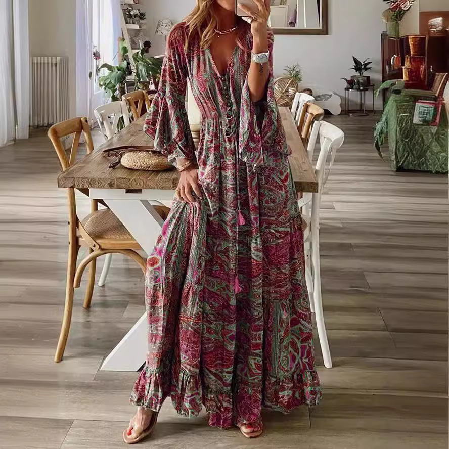 468 Bohemian style trumpet sleeves printed V-neck high waist holiday dress floral long dress