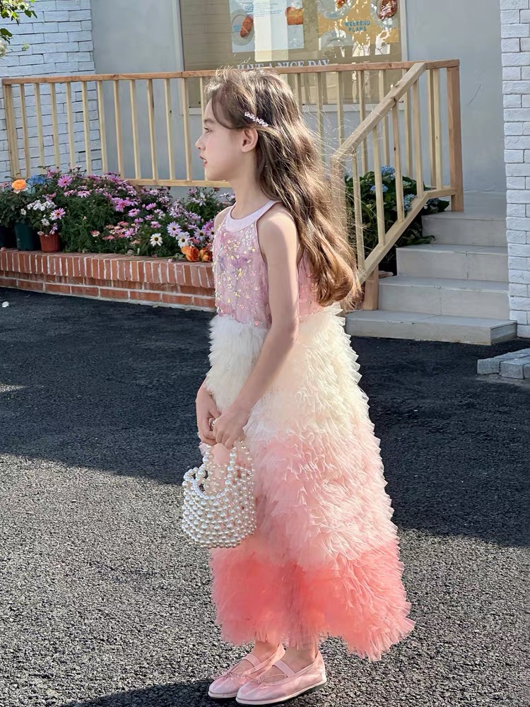 Girl's neck hanging dress casual dress fluffy dress rainbow gradient dress formal dress birthday party dress