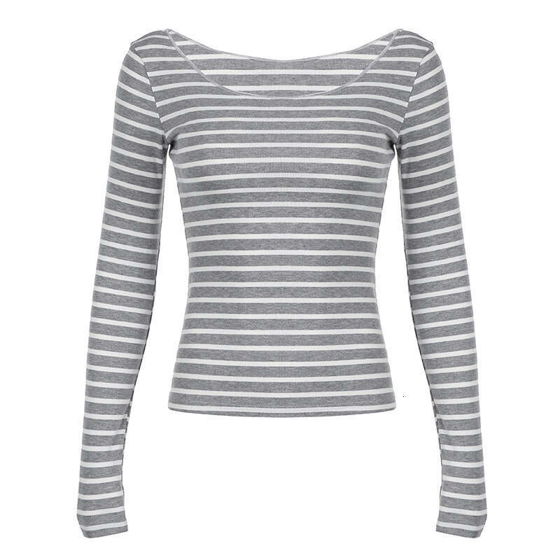 Casual Off-Shoulder Long Sleeve Striped T-Shirt For Women Spring Autumn Y2k Street Style Slim Fit Personality Base Shirt B5