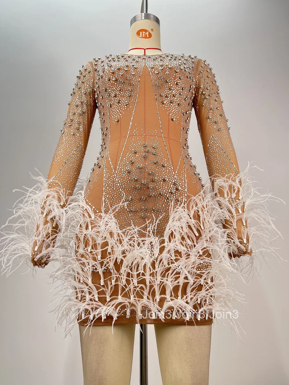 Hot Selling Sexy Perspective Long Sleeved Short Skirt Fashion Nail Diamond Feather Round Neck Dress Stage Performance Costume