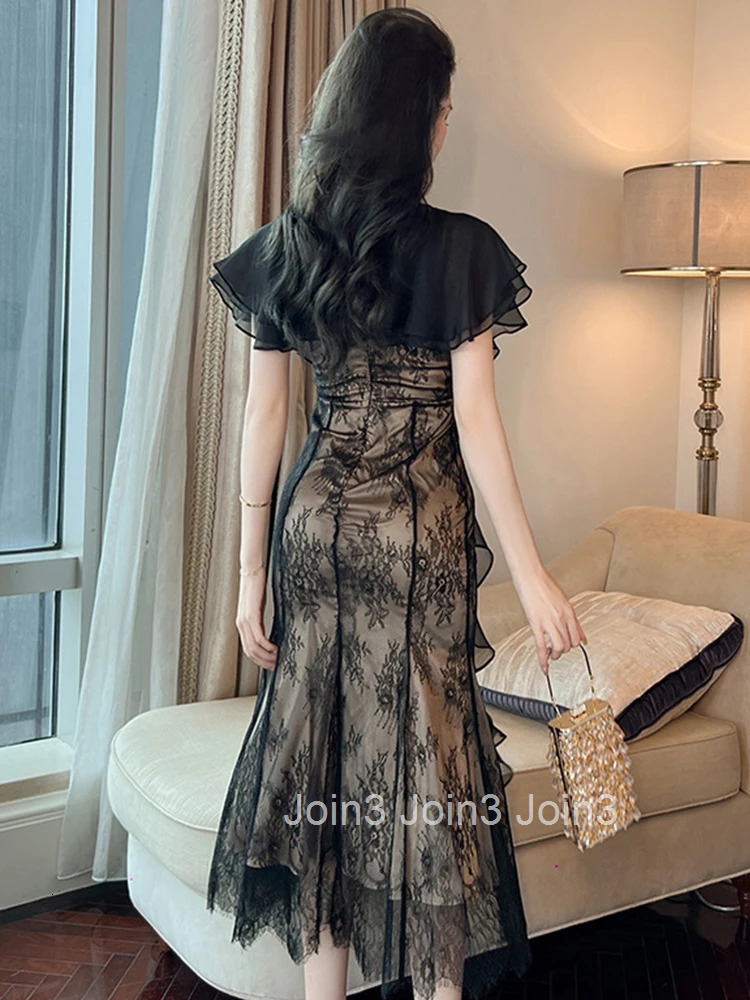 Summer Evening Dress Women Elegant Chic Lace Black Butterfly Sleeve Slim Midi Party Club Mujer Robe Femme Vestido Street Clothes