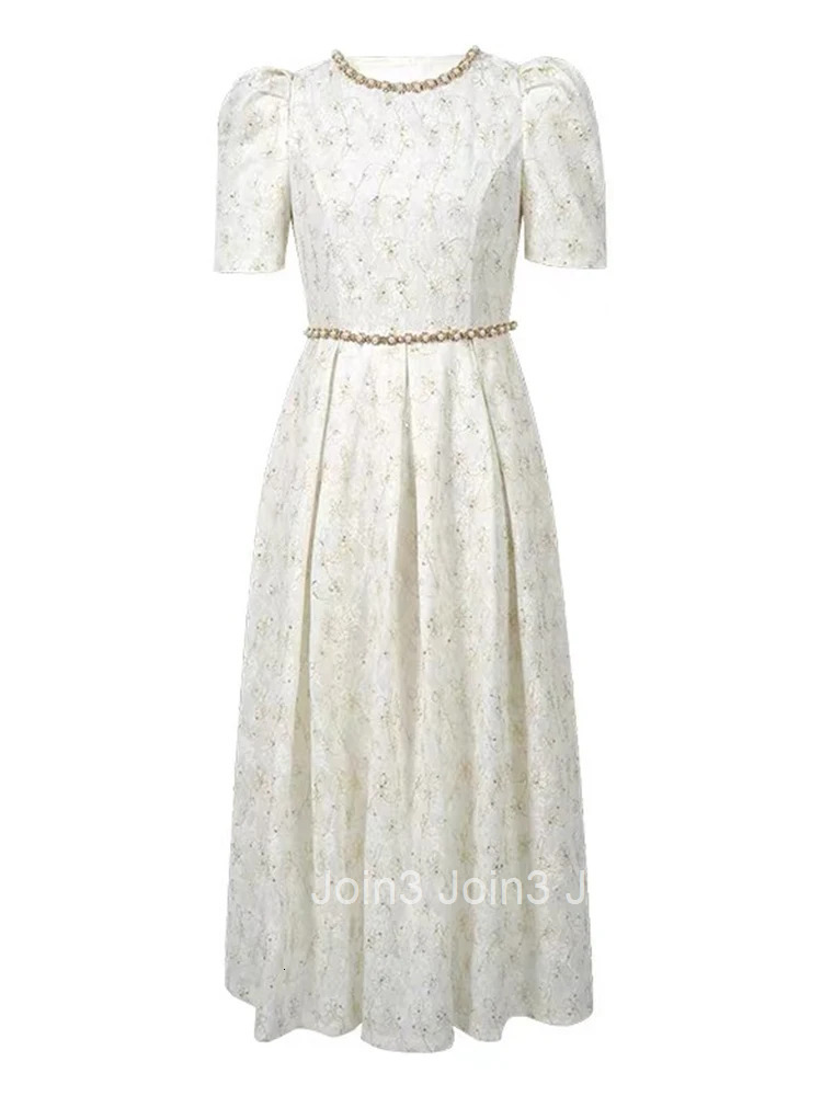 Summer Fashion White Lace Evening Dress Women Clothes Elegant Sweet Flower Puff Sleeve Slim Midi A-Line Party Prom Vestidos Robe