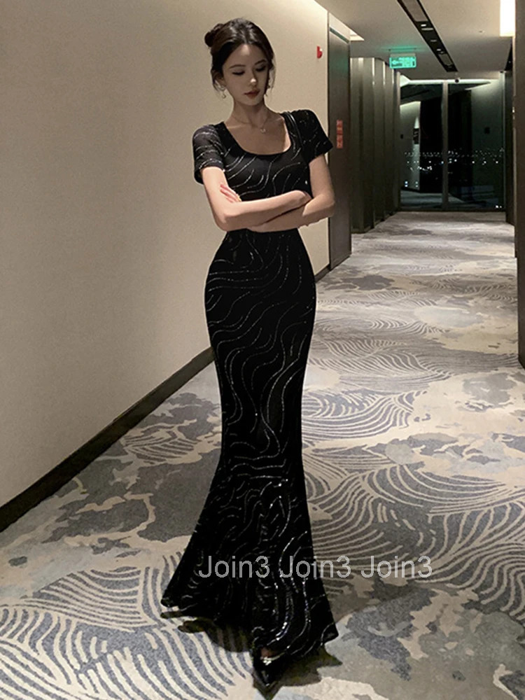 French Style Quality Party Dress Women Socialite Fashionable Bright Rhinestone Long Fishtail Robe Female Evening Prom Vestidos