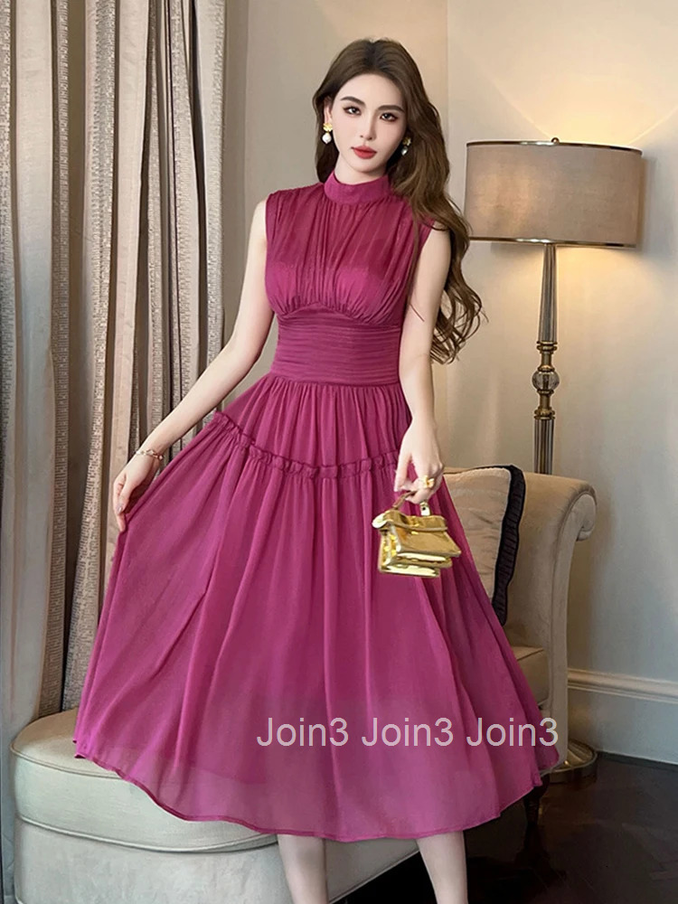 Summer Fashion Elegant Chiffon Bright Silk Evening Dress Women Clothes Vintage Sleeveless Corset Slim Party Robe Vestidos Fiesta