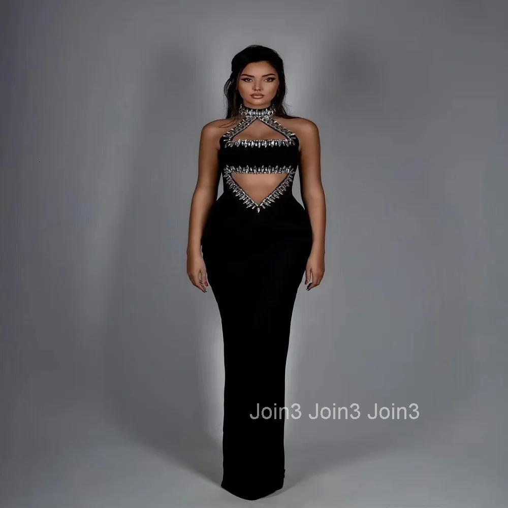 Chic Womens Clothing Sexy Hollow Backless Neck-Mounted Luxury Diamonds Decoration Sleeveless Celebrity Vestidos Black Bandage D