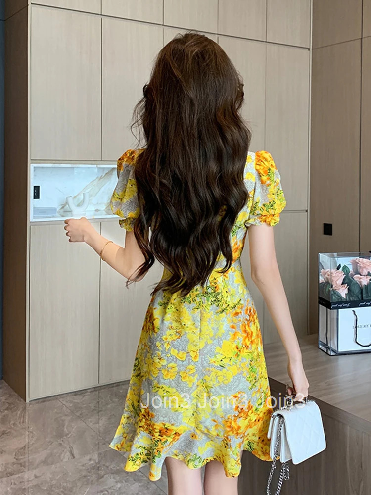 Summer Chiffon Short Vacation Dress Women Elegant Pretty Yellow Print Sexy V-Neck Slim Mini A-Line Mujer Vestidos Street Clothes