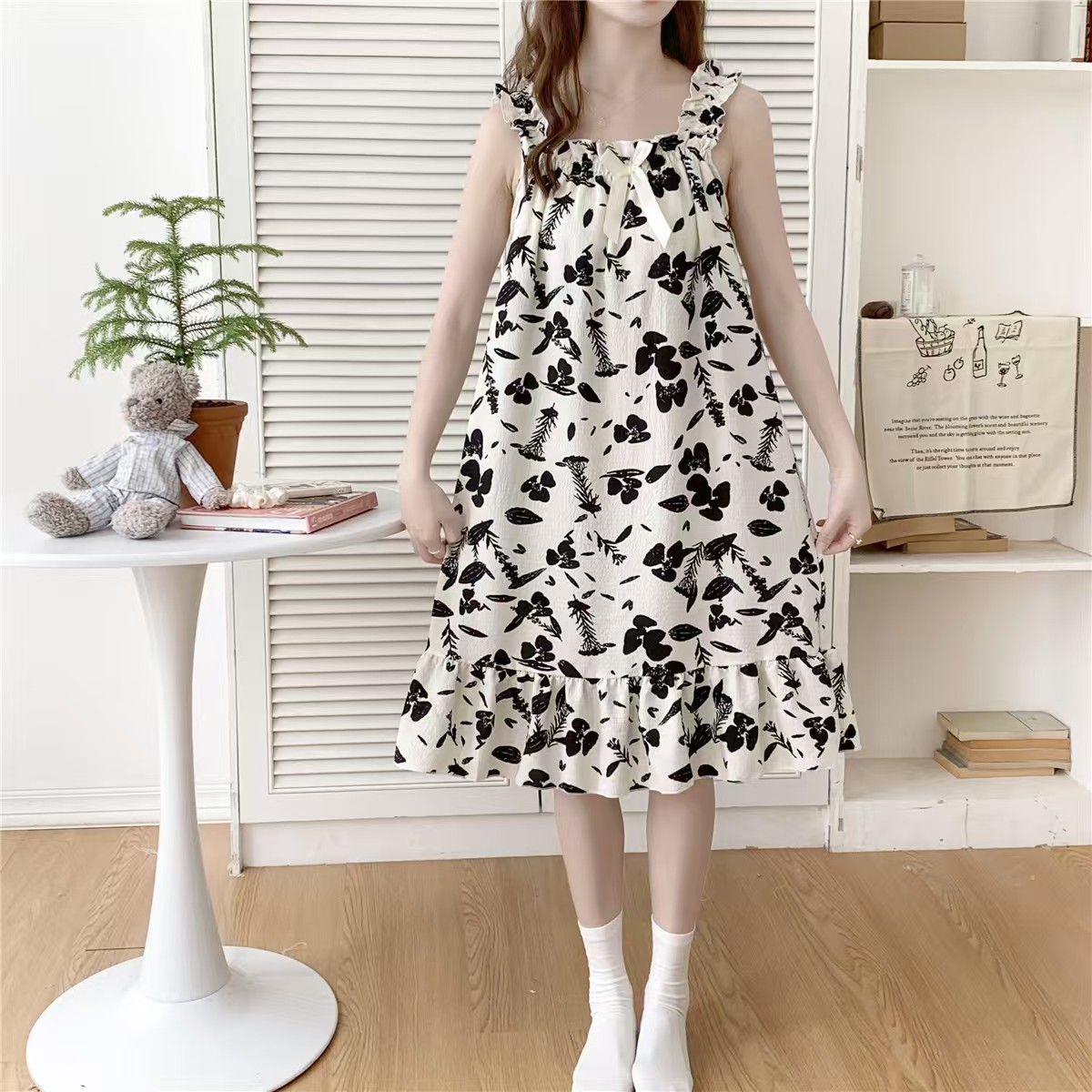 2025 women's models spring and summer sweet ins style halter mid-length loose nightgown female home dress black flower