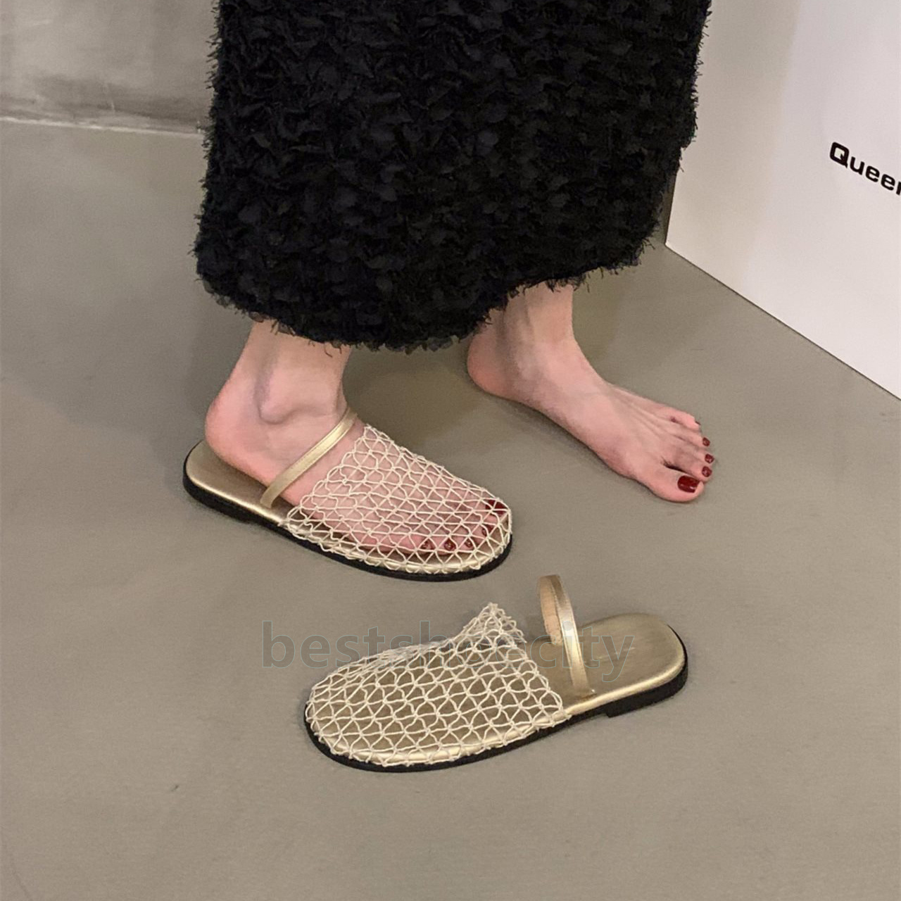 designer sandals summer slides hollow out mesh slippers fishnet women shoes crochet net flats heels sandal fashion simple sandale mules