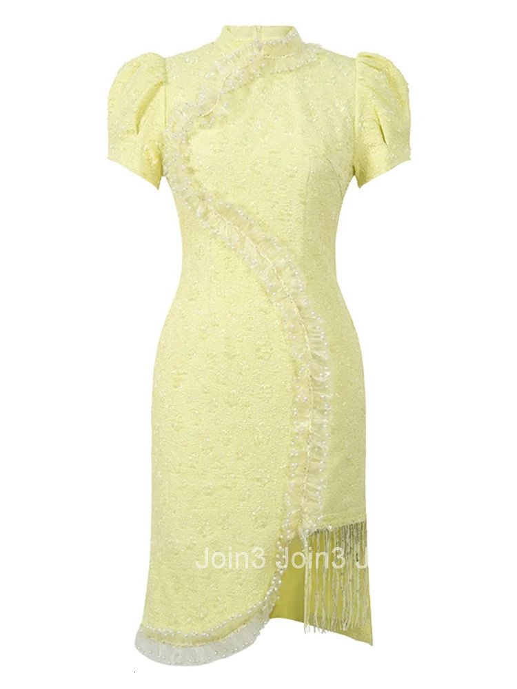 Chinese Style Vintage Yellow Asymmetrical Evening Dress Women Clothing Elegant Sweet Puff Sleeve Slim Party Prom Vestidos Fiesta