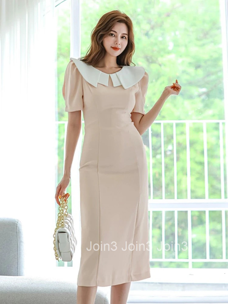 New Summer Fashion Sweet Work Style Formal Pencil Dress Women Clothes Casual Elegant Lady Vintage Puff Sleeve Midi Robe Vestidos