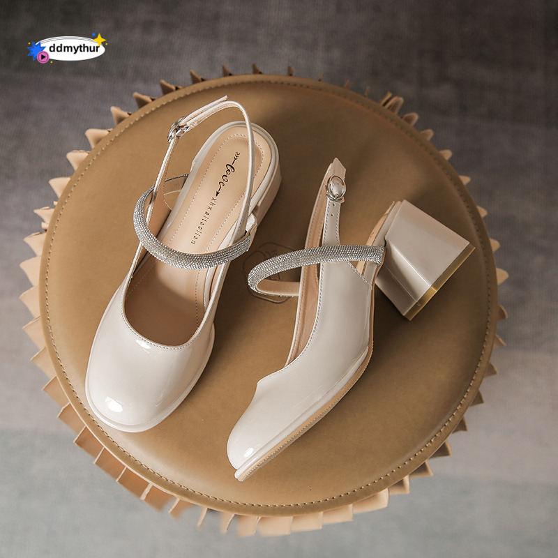 Backless French Style Peep Sandals for Women Summer 2024 New Square Toe Chunky Heel High Heels with Rhinestones Mary Jane Shoes ddmythur
