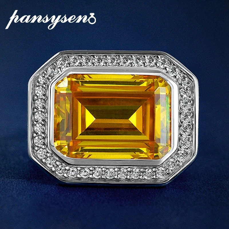PANSYSEN 925 Sterling Silver 10*14MM Emerald Cut Citrine High Carbon Diamond Gemstone Ring For Women Party Fine Jewelry 250617