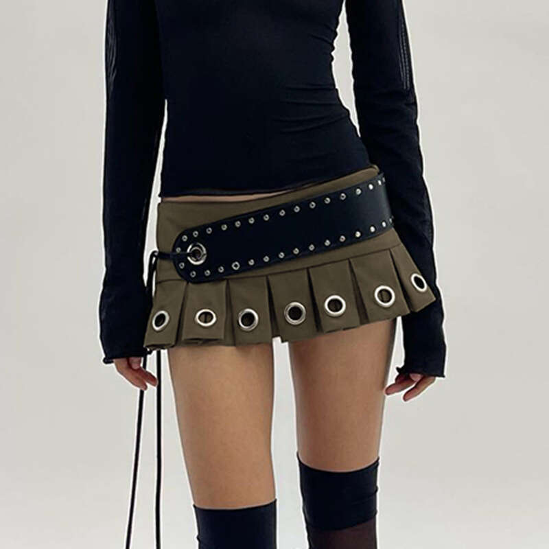 Design Sense Style Sexy Mini With Tie Leather Belt Street Punk Hot Girl New Pleated Skirt B5