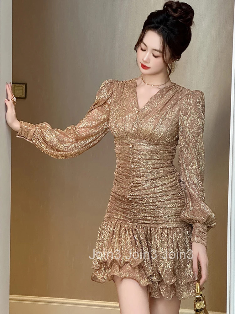 Women Clothes Fashion Sparkly Gold Bright Silk V-Neck Skinny Mermaid Short Dress Elegant Ladies Vintage Party Prom Vestido New