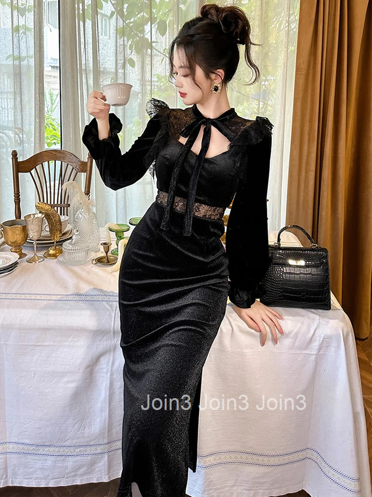 New Fashion Ladies Black Velvet Stretchy Dresses Women Mujer Chic Elegant Sweet Sexy Hollow Skinny Party Prom Dress Robe Vestido