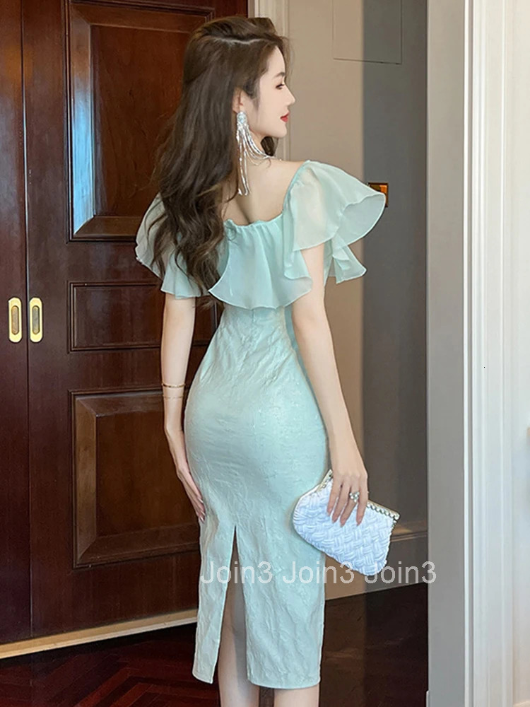 Fashion Summer Evening Dress Women Elegant Chic Bright Silk Sexy Off-Shoulder Slim Midi Party Prom Mujer Vestidos Street Clothes