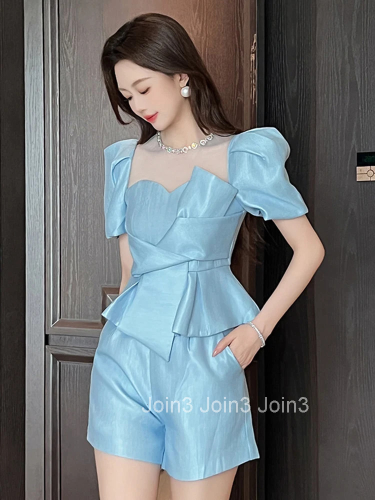 New Elegant Luxury Diamonds Satin Solid Short Shirt Women Clothes Retro Puff Sleeve Slim Folds Sweet Bow Mujer Tops Prom Blouse