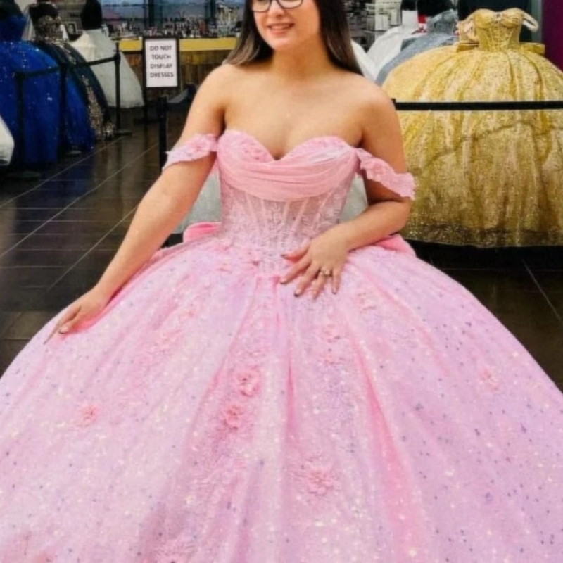 Pink Shiny Princess Ball Gown Quinceanera Dresses Floral Applique Beaded Bow Tull Sweet 16 Dress Vestidos De 15 Anos
