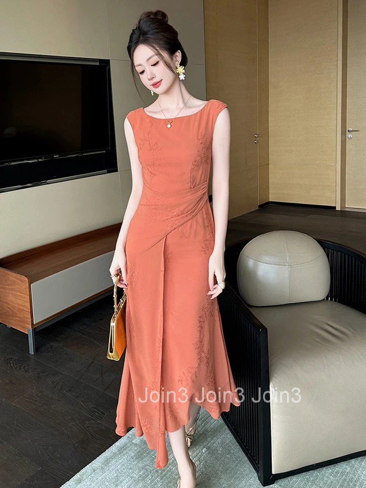 Summer Fashion Casual Chiffon Embroidery Asymmetrical Long Dress Women Clothes Elegant Lady Sleeveless Slim Robe Femme Vestidos