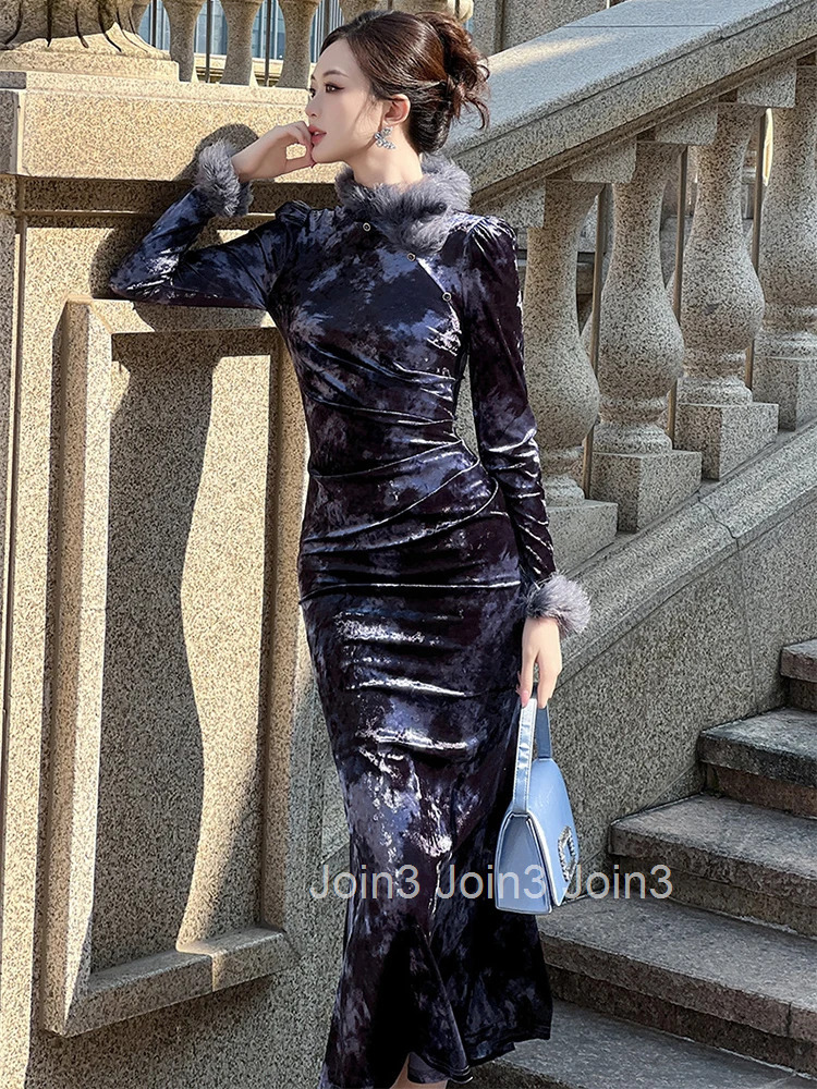 Women Clothes Retro Velvet Stand Neck Skinny Folds Midi Fishtail Dress Elegant Party Prom Vestidos Robe Autumn Winter Casual New