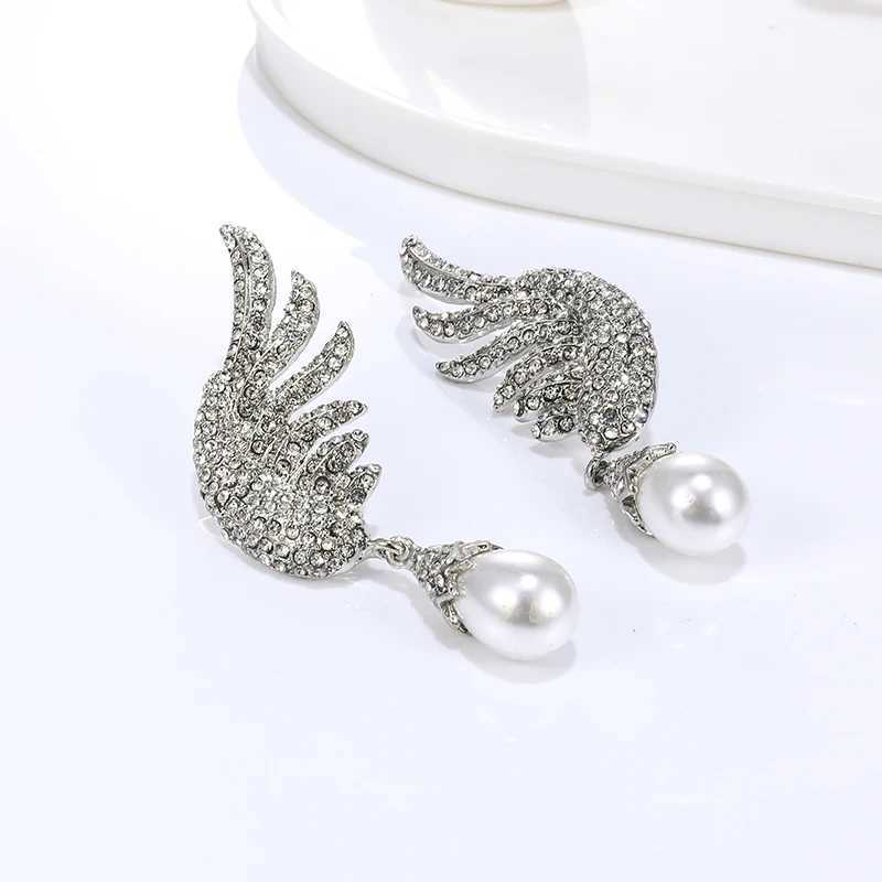 EASYA 2022 New Fashion Simulated Pearl Earrings Metal Crystal Angel Wing Stud Earrings For Women Girls Accessories Jewelry XJ250623