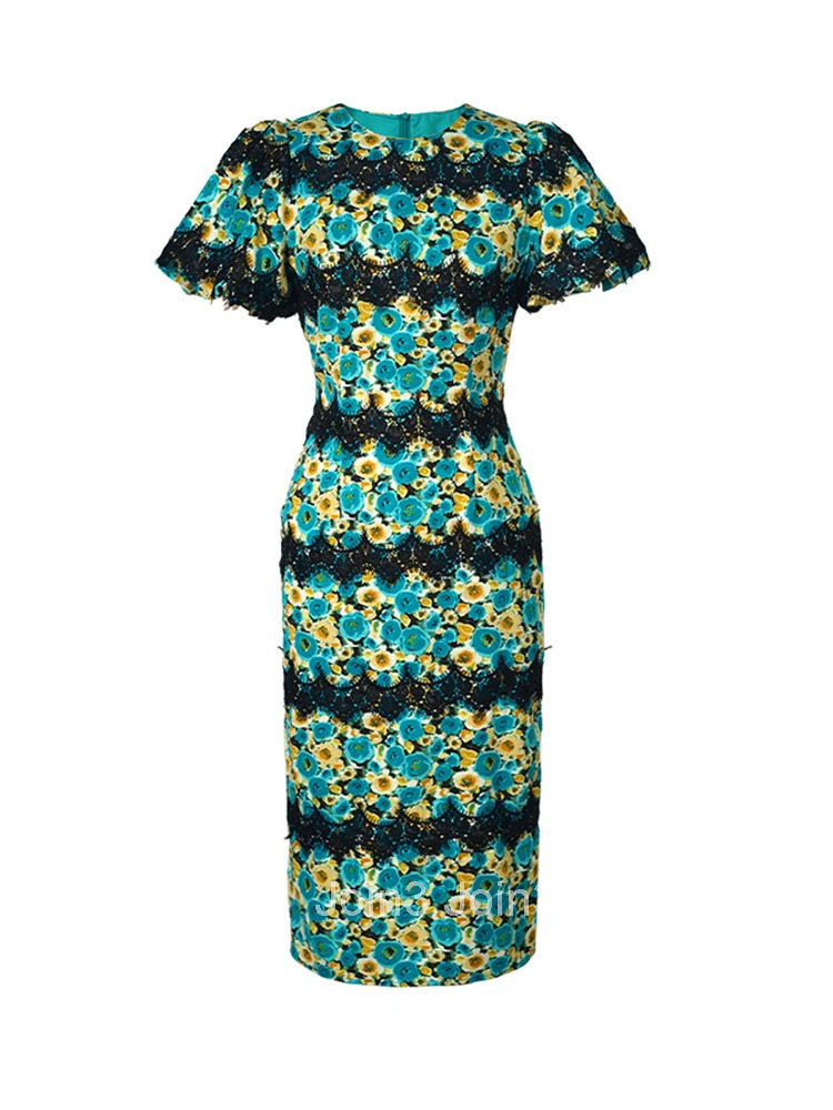 Summer Satin Elegant Women Evening Dress Vintage Print Puff Sleeve Slim Midi Pencil Party Club Prom Birthday Femme Mujer Vestido