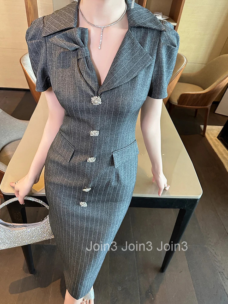 Summer Retro Gray Striped Formal Occasion Dress Women Clothes Commute Elegant Office Lady Short Sleeve Slim Midi Pencil Vestidos