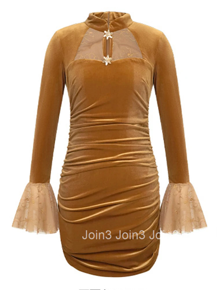 Women Clothes Retro Velvet Stand Neck Folds Skinny Mini Short Dress Elegant Fashion Evening Party Prom Vestido Spring Autumn New