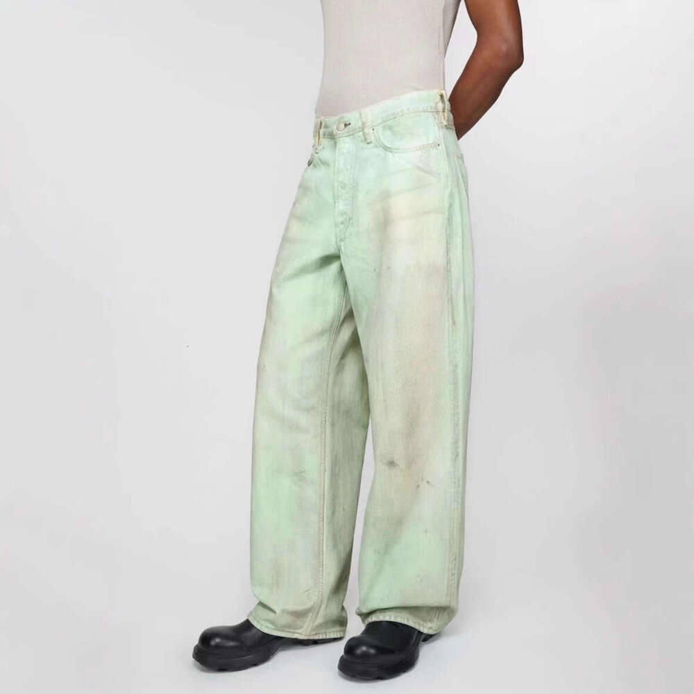 High Correct Version AC New 1981 Mint Green Fluorescent Coating Mud Dyed Hand-painted Vintage Wide-leg Jeans