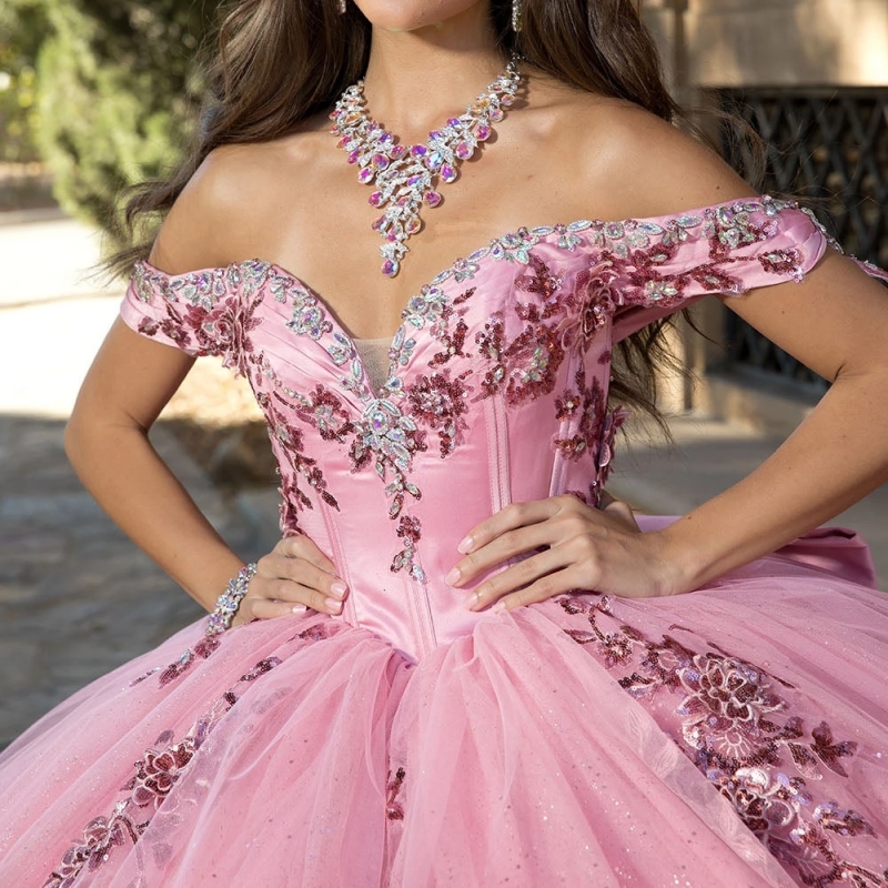 Pink Shiny Ball Gown Quinceanera Dresses Floral Applique Beading Crystal Bow Tull Corset Sweet 16 Dress Vestidos De 15 Anos