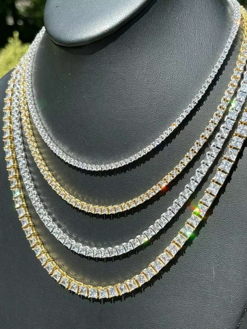 Fully Iced Out Starling Silver Square Princess Cut Moissanite Diamond Tennis Chain Necklace Hip Hop Jewelry Customized Jewelry