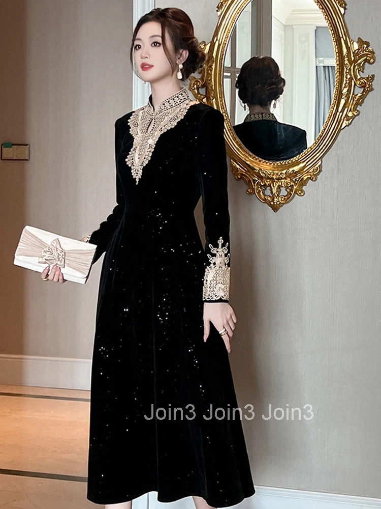 Women Clothes Elegant Sparkly Black Velvet Lace Stand Neck Slim Midi A-Line Dress Fashion Evening Party Prom Vestido Robe Casual