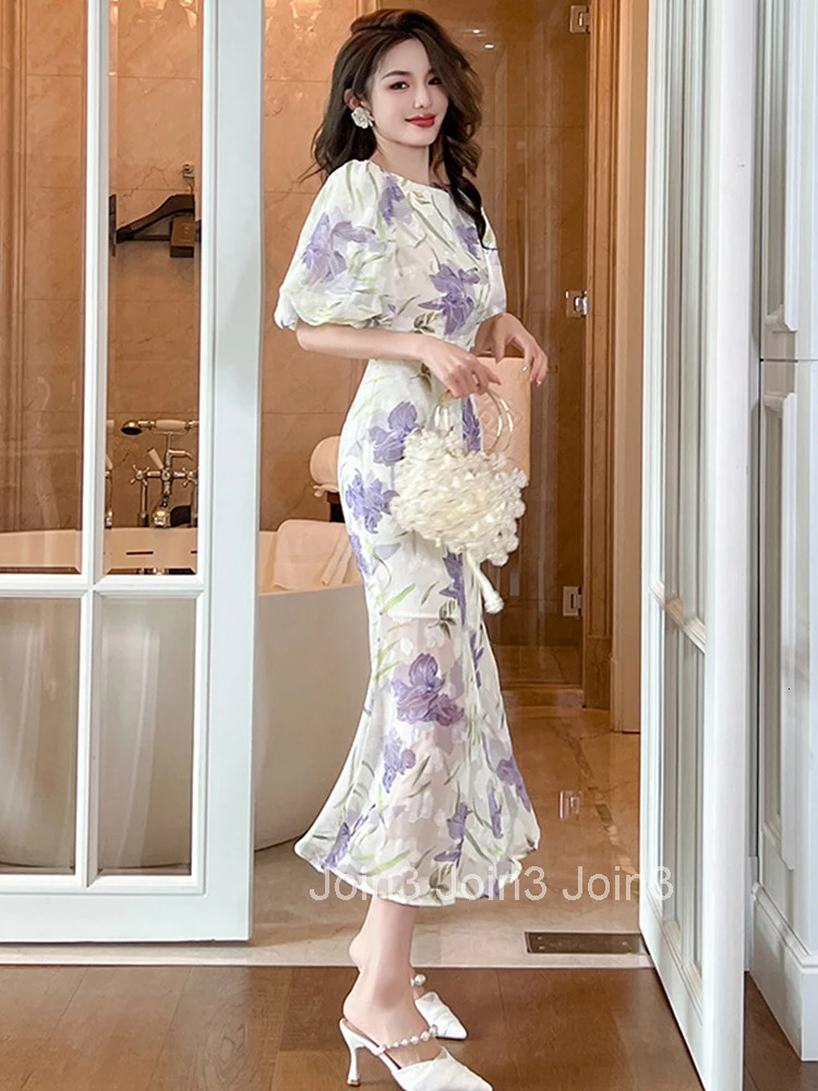 Summer Elegant Office Women Evening Dress Sweet Floral Print O-Neck Slim Midi Fishtail Party Prom Beach Robe Femme Mujer Vestido