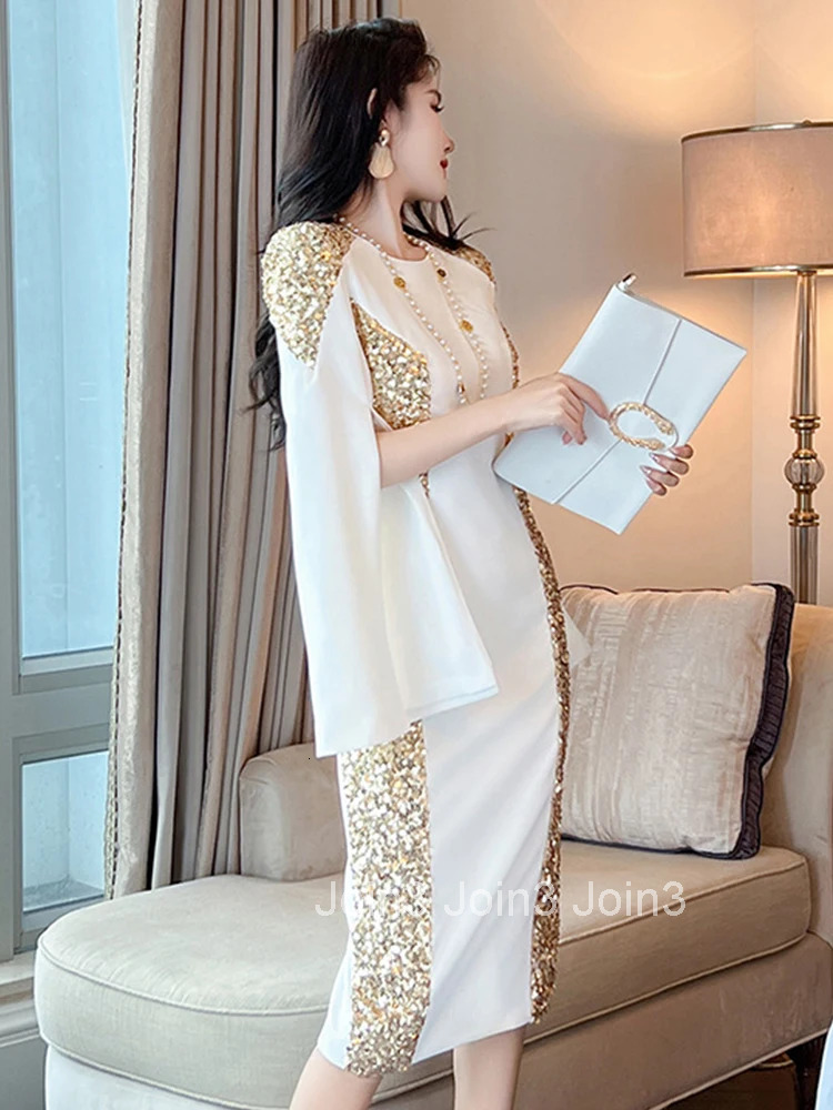 Fashion Sparkly Gold Sequin Evening Dress Women Ladies Clothing Elegant Commute Chic Slit Sleeve Midi Prom Robe Mujer Vestidos