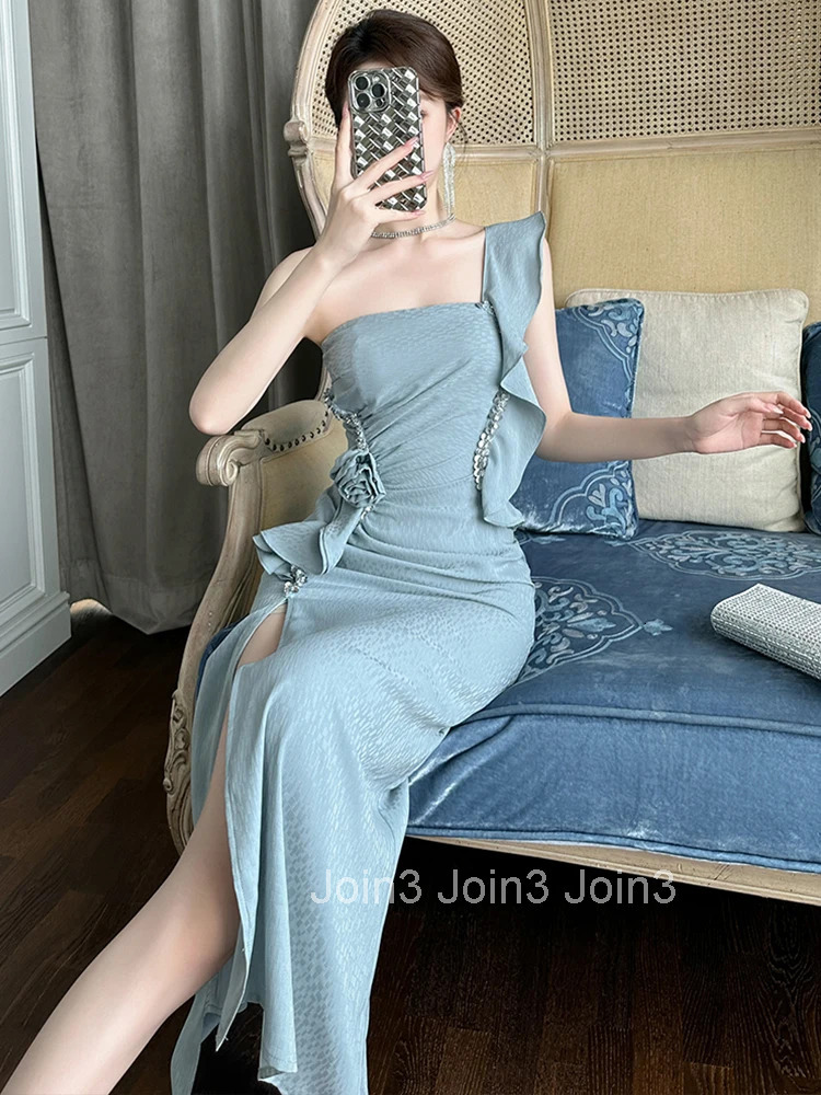 Summer Fashion Elegant Luxury Evening Dress Women Ruffle Sexy Chest Wrapped Slim Maxi Long Party Prom Vestidos Vacation Clothes