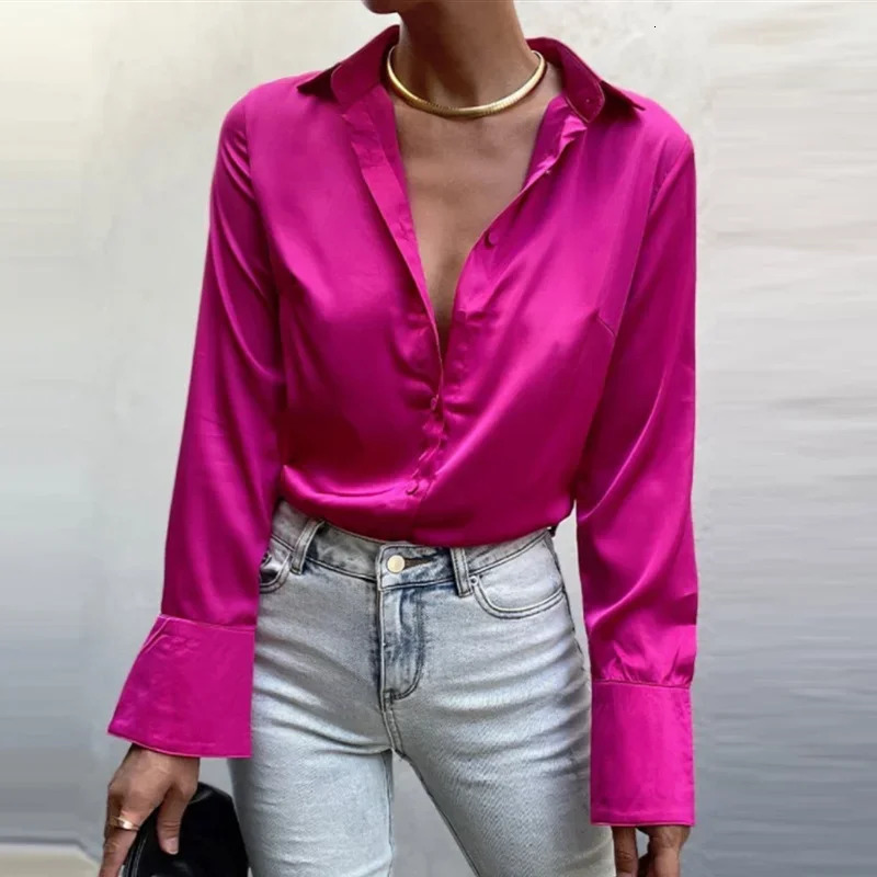 Long Sleeve Blouse Tops Women Shirt Green Button Up Lapel Loose Satin Camisas Elegant Spring Summer Office Ladies Shirts Top 250617